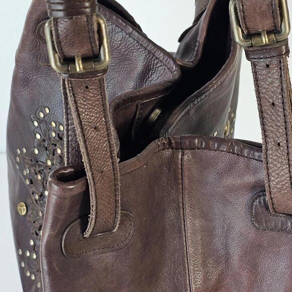 Platania Grained Leather Studded Floral Cut Out Slouch Top Handle Handbag (Read) - Picture 11 of 14